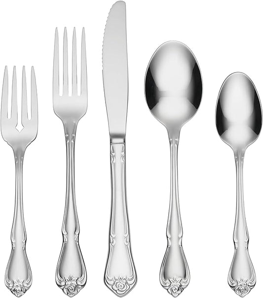 Oneida True Rose 45 Piece Everyday Flatware, Service for 8, 18/0 Stainless Steel, Silverware Set, Silver