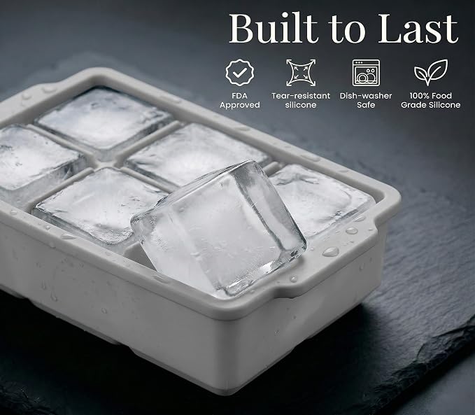 KitchFort® Large Silicone Ice Cube Tray (3-Pack), Easy Release 2" Big Ice Cubes - Cocktail, Whiskey Ice Cubes Mold - Ice Trays for Freezer with Lid - Stackable Silicone Ice Tray - Gray
