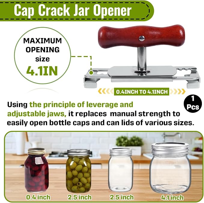 1-Pack Adjustable Jar Opener, Stainless Steel Lid Remover, Wood Handle | Non-Slip Metal Clamp, 0.4-4.1 Inch Range, Rust-Proof Quick Rinse, Adjustable Lid Remover for Seniors & Arthritic Hands