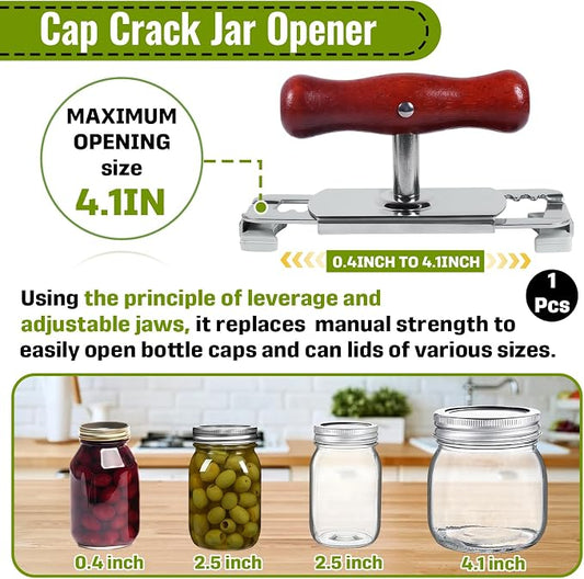 1-Pack Adjustable Jar Opener, Stainless Steel Lid Remover, Wood Handle | Non-Slip Metal Clamp, 0.4-4.1 Inch Range, Rust-Proof Quick Rinse, Adjustable Lid Remover for Seniors & Arthritic Hands