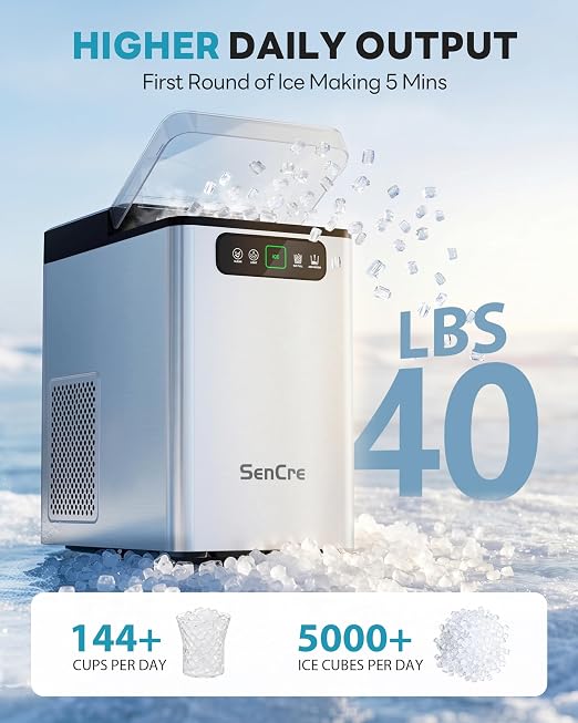 Nugget Ice Maker Countertop 40Lbs/24H Soft Chewable Ice Machine Pellet Crushed Ice Makers, One-Click Operation Auto Self-Cleaning Stainless Steel with Scoop for Home Kitchen Office, Silver