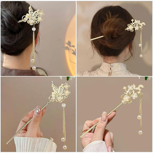 2Packs Lily of the Valley Chinese Hair Sticks for Buns, Pearl Flower Vintage Metal Hair Chopsticks for Women and Girls Dangle Tassel Pendant Accessories Hanfu Handmade Decor Hairpin (pearl white)