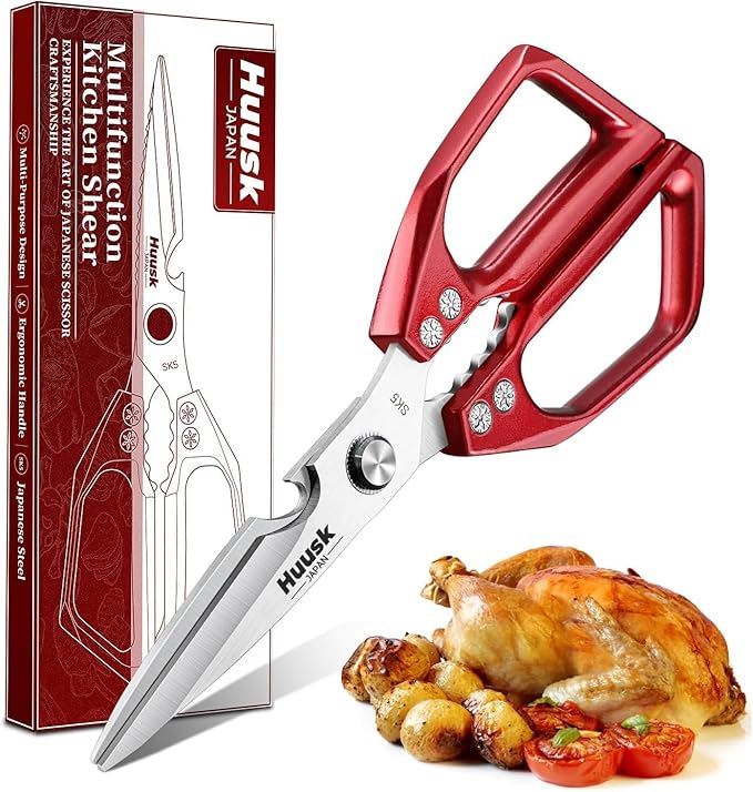 HUUSK Kitchen Scissors for Food, Multifunction Sharp Red Kitchen Shears | Japanese Stainless Steel Meat Cooking Scissors for Fish, Chicken, Turkey, Ergonomic Handles, Easy to Clean, Gifts for Women