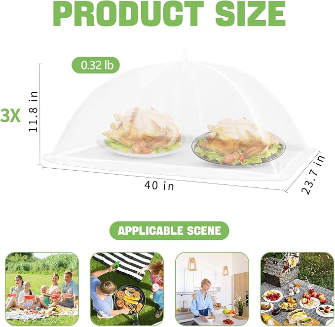 Extra Large Food Cover, 3 Jumbo (40"X23.7"), White Mesh Plate Serving Tents, Pop-Up Umbrella Screen Tents, Patio Net for Outdoor Camping, Picnics, Parties, BBQ, Collapsible and Reusable