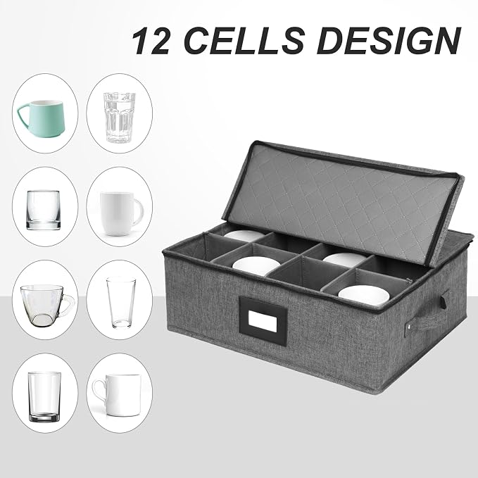 Mug Storage Box with Dividers 2 Pack, Hard Top Cup Storage for Coffee Mug | Stackable Coffee Mug Storage Box with Zipper Lid & Rivet Reinforced Handles (17"L x 13"W x 6" Black)