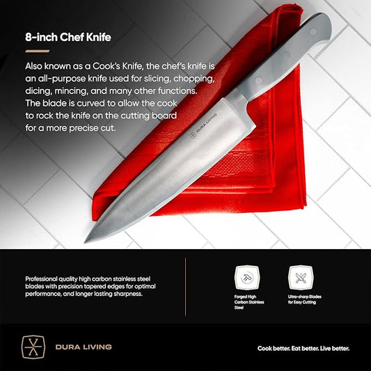 DURA LIVING Chef's Knife Set, 4 Piece Cutlery Knife Set, Superior Forged High Carbon Stainless Steel Ultra Sharp 8 Inch Chef, 7 Inch Santoku, 5 Inch Utility, 3.5 Inch Paring Knives, Grey