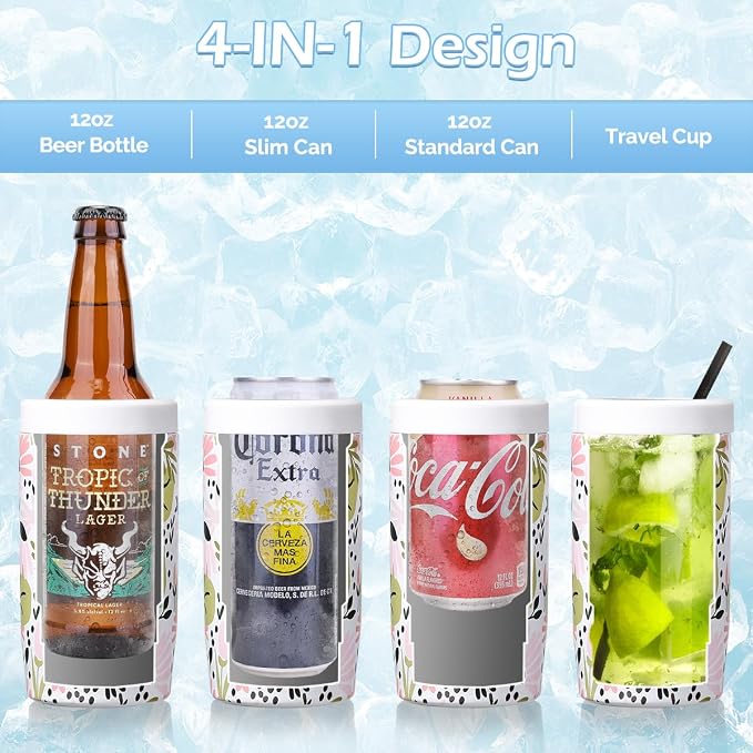 Morefeel 4-in-1 Insulated Can Cooler for 12 oz Cans & Bottles | 304 Stainless Steel Can Holder Fits 12 Oz Slim Cans, Standard Cans, Beer Bottles & Works as A Open Cup; Dishwasher Safe