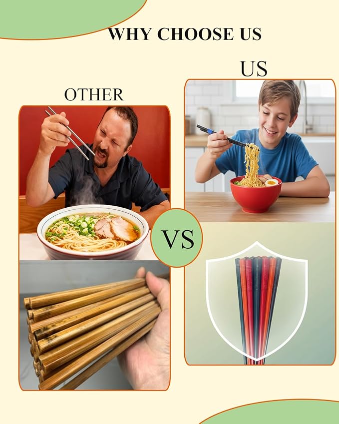 Reusable Chopsticks for Beginner- Fiberglass Training Chop sticks, 10 Pairs Non-Slip Chopsticks Helpers Set, Japanese Chop Sticks Dishwasher Safe 9.45Inch