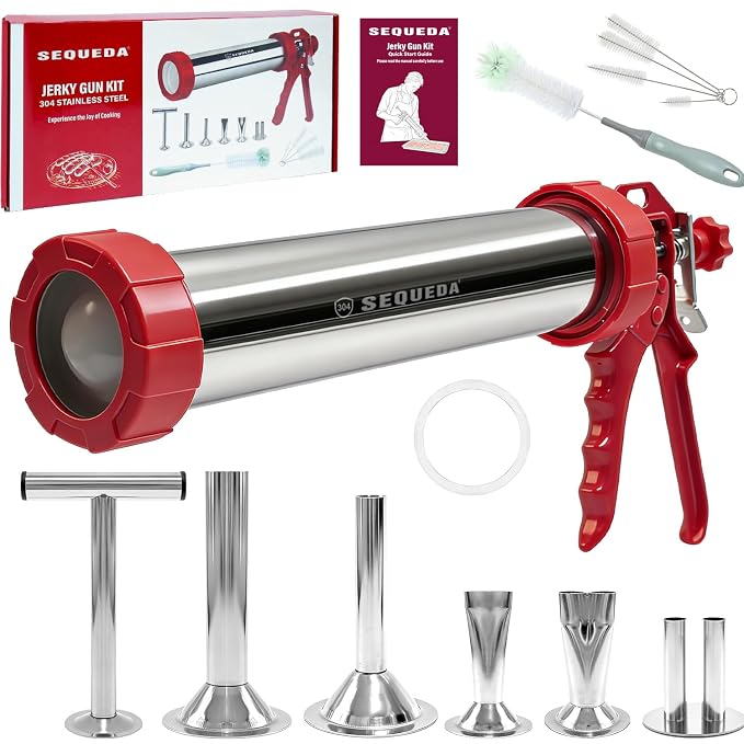 2LB Jerky Gun Kits, Sausage Stuffer, Stainless Steel Beef Meat Maker, Beef Stick Gun, Jerky Shooter Cannon with 5 Versatile Nozzles, 5 Cleaning Brushes and 1 Meat Pusher, Gifts for Women Men