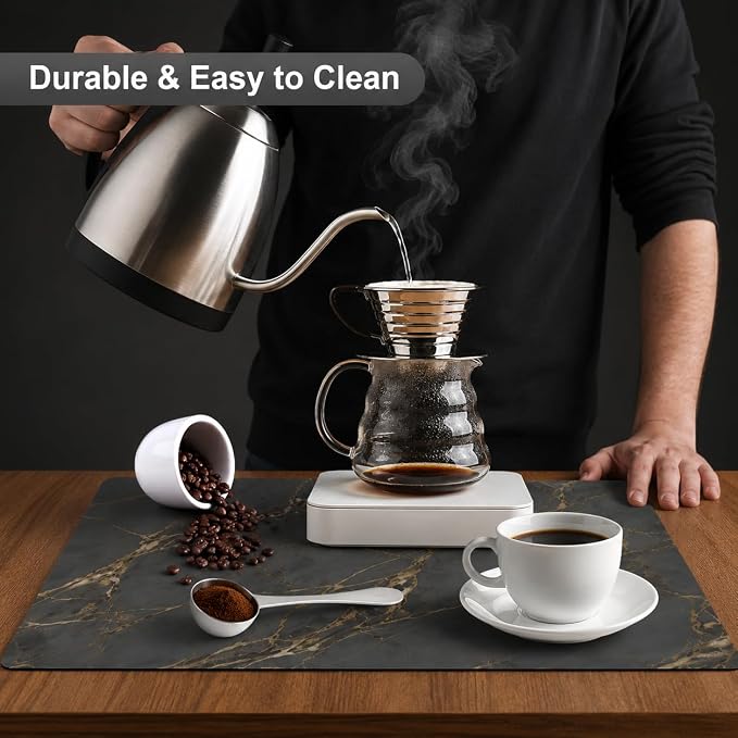 ZLR Coffee Bar Mat for Coffee Station, 16"x20" Large, Marble Gray | Absorbent Dish Drying Mat, Stain-Hiding Top, Non-Slip Back, Fits Espresso, Grinder, Knock Box, Frother & Cup Display