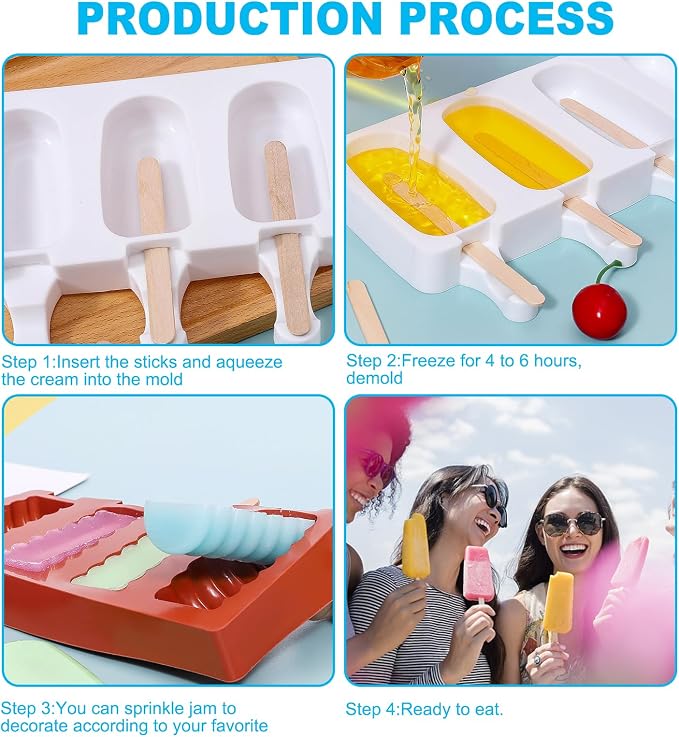 2 pcs Popsicle Molds, Large 4 Cavities Cake Pop Silicone Molds Ice Cream Cakesicle Molds for DIY Popsicle with 100 Wooden Sticks
