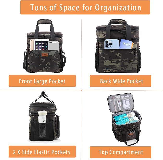 GLENKEY Expandable Lunch Box Cooler Bag - Insulated Soft Lunch Bag for Men Women - Large Lunchbox for Adults Work Camping Outdoor Travel Black Camo 16L