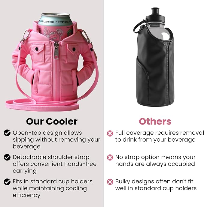 Gadgetime USA - 12oz Insulated Can Cooler Jacket (pink) - Beverage Holder with Detachable Strap - Beer/Soda Carrier - Can Holder with Shoulder Strap - Insulated Sleeve, Funny Gift for Friends & Family