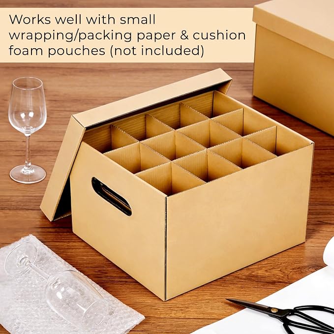 Wine Glass & Dish Moving Boxes, Glass Packing Boxes, Kitchen Storage Kit | 2 Pack, 15 x 12 x 10 In, Sturdy Corrugated Cardboard, with Ergonomic Handles & Secure Lids, for Glassware & Dishware, Brown