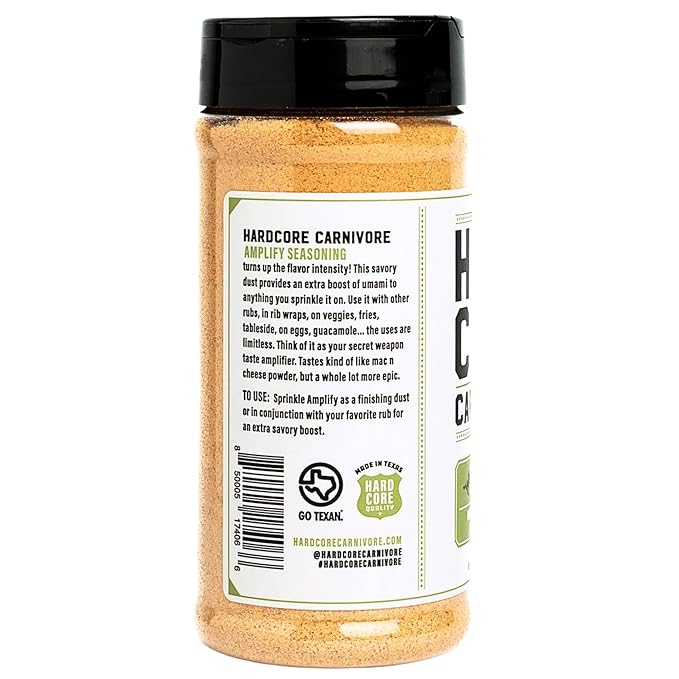 Hardcore Carnivore Amplify | Umami Seasoning, All-Purpose Blend, 10.5oz | All-Purpose Texas-Made Blend with Buttery Umami - Great on Meat, Veggies, Fries, Popcorn & More. MSG Free & Gluten Free