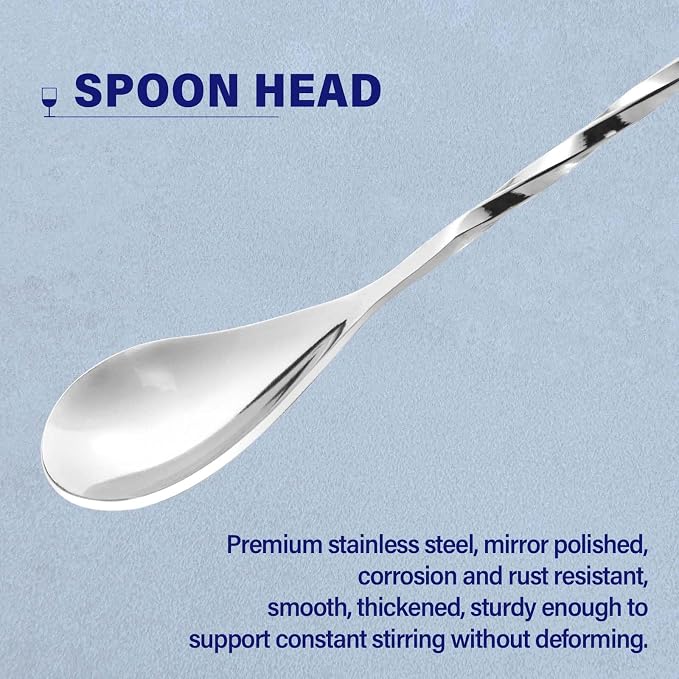 Briout 6 Pieces Bar Spoon, 12 Inches Long Handle Drink Stirrer with Mirror Finished Surface, Stainless Steel Cocktail Mixing Spoons for Drink, Silver