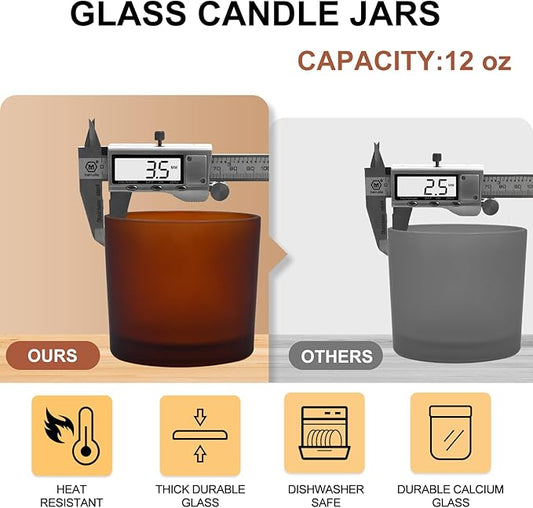 SHOWIN 12 OZ Thick Candle Jars for Making Candles 12 Pcs, Empty Amber Jars with Wood Lids for Spice Jars, Sample Container, Frosted Brown