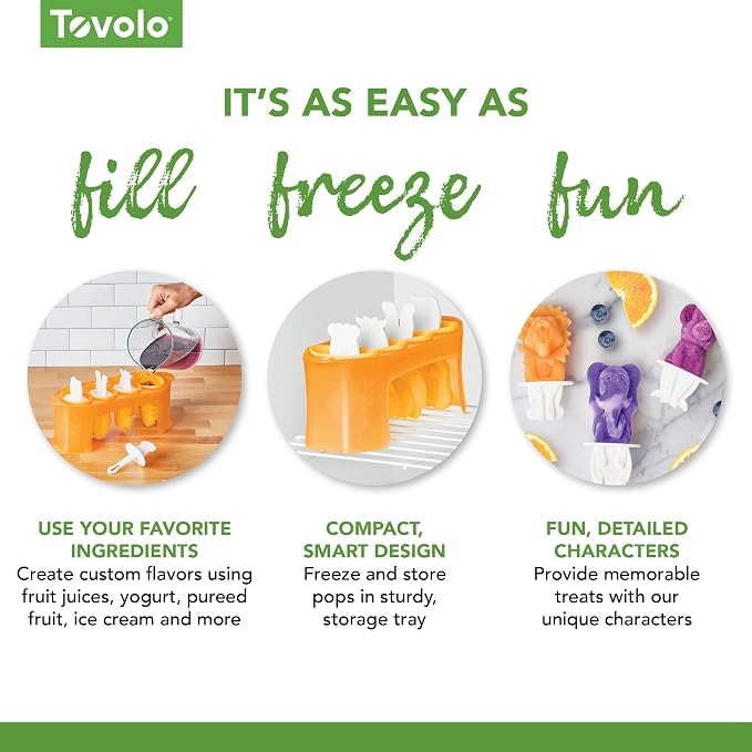 Tovolo Animal Popsicle Molds Zoo Crew Set of 4 Reusable Popsicle Molds with Sticks Bear Lion Monkey Elephant, BPA Free Silicone Pop Maker for Kids, Dishwasher Safe Animal Ice Molds for Frozen Treats