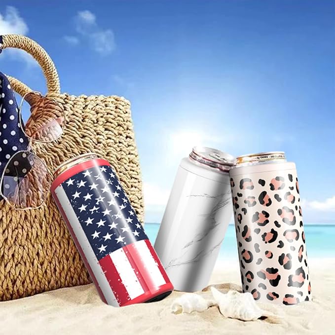 TILUCK Skinny Can Cooler, Stainless Steel Insulated Slim Cans, 12 oz | Beer & Hard Seltzer, Doucle-Walled Stainless Steel Insulated Slim Cans, Slim 12 oz(U.S. Flag-NEW)