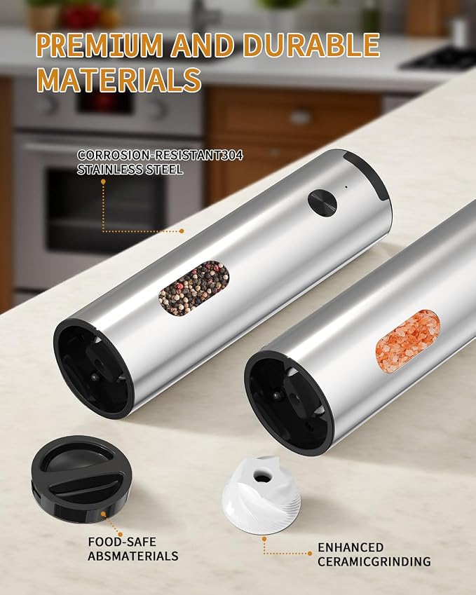 CIRCLE JOY Electric Salt and Pepper Grinder Set, Stainless Steel Rechargeable Pepper Mill Set with Charging Base, 110ML Top-Fill, Adjustable Coarseness, LED Light, One-Hand Operation, Gift Idea
