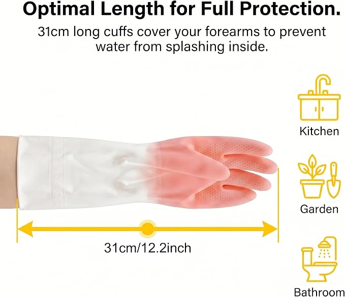 Cleaning Gloves 2 Pairs, Medium Reusable Dishwashing Gloves Honeycomb Non-Slip Grip, Waterproof Long Cuff Household Gloves for Kitchen Dishes Bathroom Laundry Pet Bath, Mint Green & Pink for Women