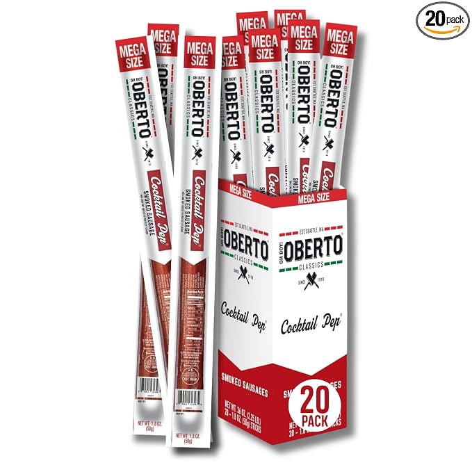 Oberto Classics Cocktail Pep Smoked Sausage Mega Size, Oh Boy! Oberto Beef & Pork Sausage XL Meat Stick, Peperoni Style Protein Snacks, 1.8 Ounce (Pack of 20)