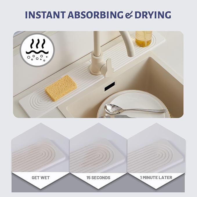 Faucet Mat for Kitchen Sink with Raised Feet, Quick Dry Stone Sink Mat Around Faucet, Water Absorbent Stone Tray, Sink Splash Guard & Protectors, Stone Drying Mat for Kitchen Counter