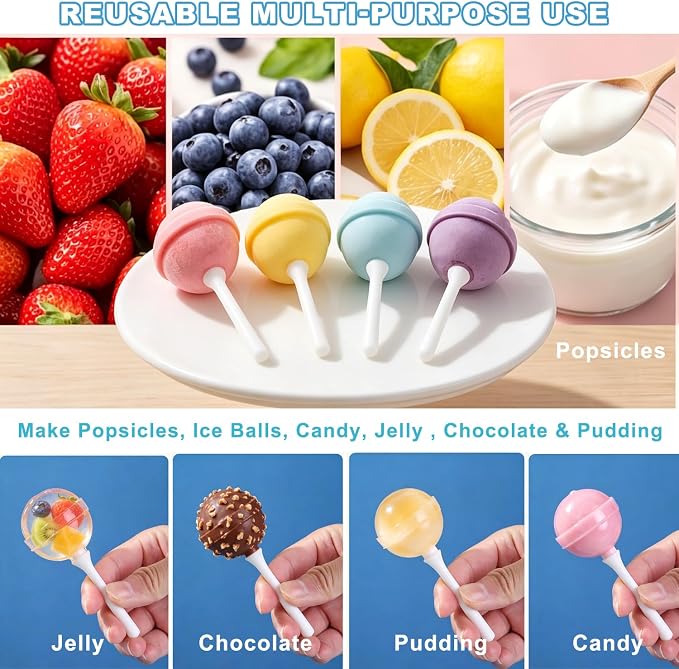 Silicone Lollipop Ice Cream Maker Molds,Colorful Diy Popsicle Molds for Kids,Creative Sphere Ice Pop Mold for Summer Parties, Reusable Popsicle Molds Easy Release(4pcs)