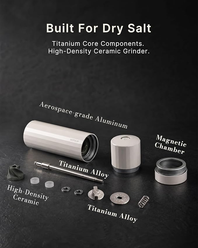 Manual Metal Salt Grinder Refillable, Titanium Alloy for Dry Salt | Titanium Alloy Core, 60+ Settings, High-Output Grinding, Dual Bearings, Magnetic Powder Chamber