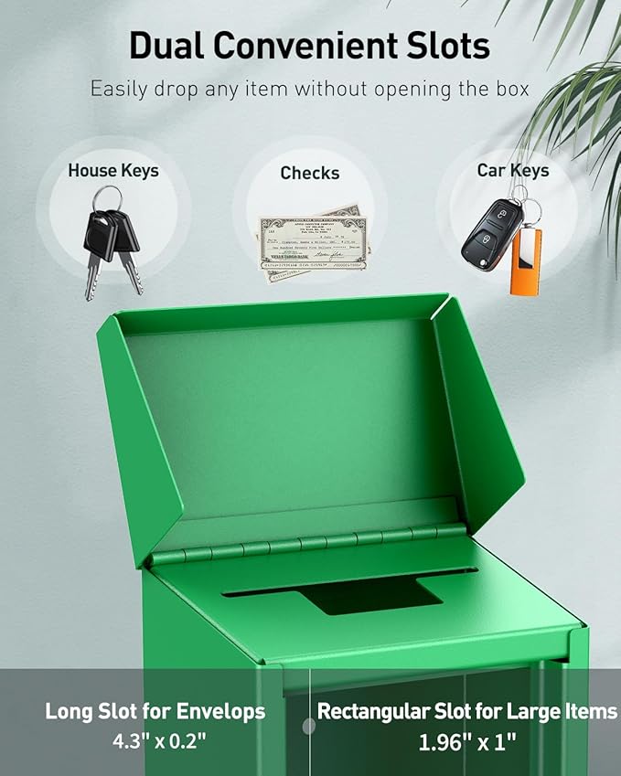 Uniclife Green Metal Donation Box, Wall Mounted Mailbox for Outside | Safe Suggestion Box with Key Lock, Steel Key Drop Box for Outside, Cash Box for Home Office and Business