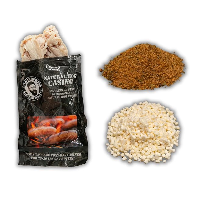 Bearded Butchers Tailgater Bratwurst DIY Kit – Mild Cheesy Brats – Includes Tailgater Seasoning, Swiss Cheese & 32mm-35mm Natural Hog Casings – Makes Up to 25 lbs Meat