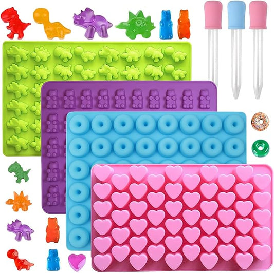 Mini Silicone Gummy Bear Molds (0.7 Inch Bite-Sized) - Non-Stick Chocolate & Candy Mold for Kids, Includes Dinosaur, Bear, Hearts & Donut Shapes (201 Cavities) - 4 Pieces + 3 Droppers By ENBRWAS