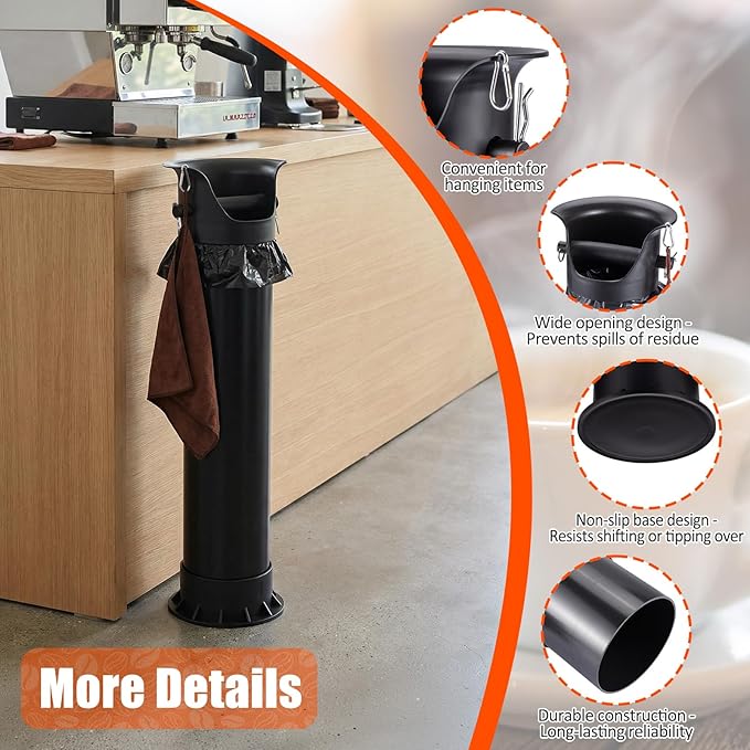 HOMEE 18L Floor Standing Espresso Coffee Knock Box with 25 Garbage Bags | Large Capacity & Detachable, Non-Slip Base, Easy to Clean, Barista Knock Box with Brush & Towel for Home and Commercial Use
