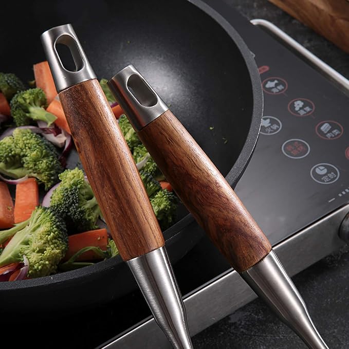 Wok Spatula & Ladle Set, AOOSY 304 Stainless Steel Cooking Utensils,2 Pcs | Wooden Handle Wok Utensils Soup Ladle Wok Spatula, 15 In