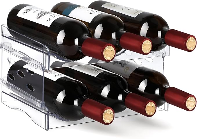 EZ COZY Wine Rack, 2 Tier Water Bottle Organizer for Cabinet (6 Bottles) | Clear Freestanding Wine Bottle Holder for Cabinet, Fridge, Pantry, Wine Rack for Inside Cabinet, Refrigerator, Countertop