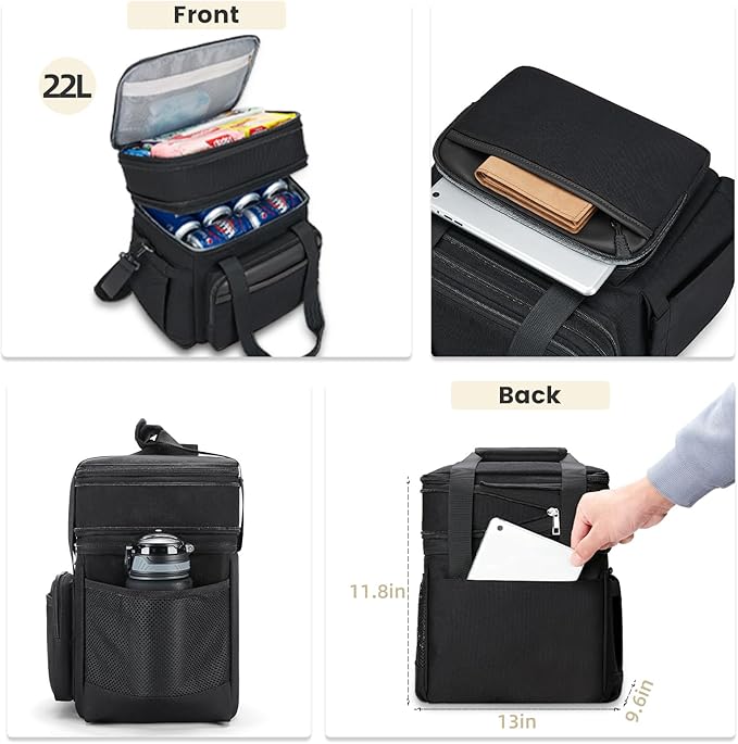 holuxer Insulated Lunch Bag & Lunch Box for Men - Double Deck Reusable Lunch Bag for Women Tote Cooler Bag Leakproof Soft Expandable - Extra Large Lunchbox for Work/Adult/Picnic/Outdoor (Black，22L)