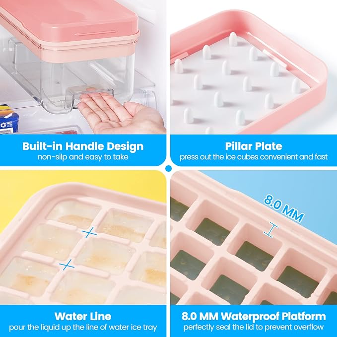 1.0" Ice Cube Trays for Freezer, PHINOX Ice Tray, 3-Tier(32Cubes/Tier) Pink