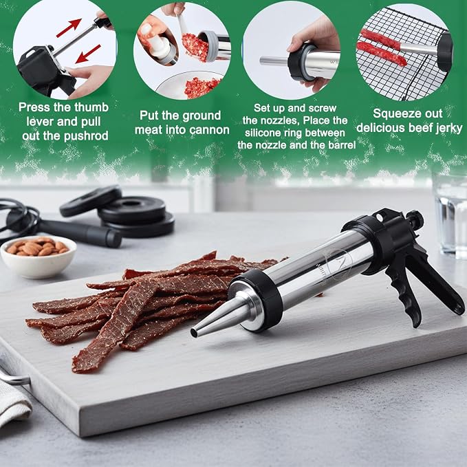 2LB Professional Jerky Gun Kits, Sausage Stuffer, Stainless Steel Jerky Maker, Jerky Shooter, Beef Jerky Making Gun with 5 Nozzles, 1 Meat Pusher, 5 Cleaning Brushes and Pair of Gloves