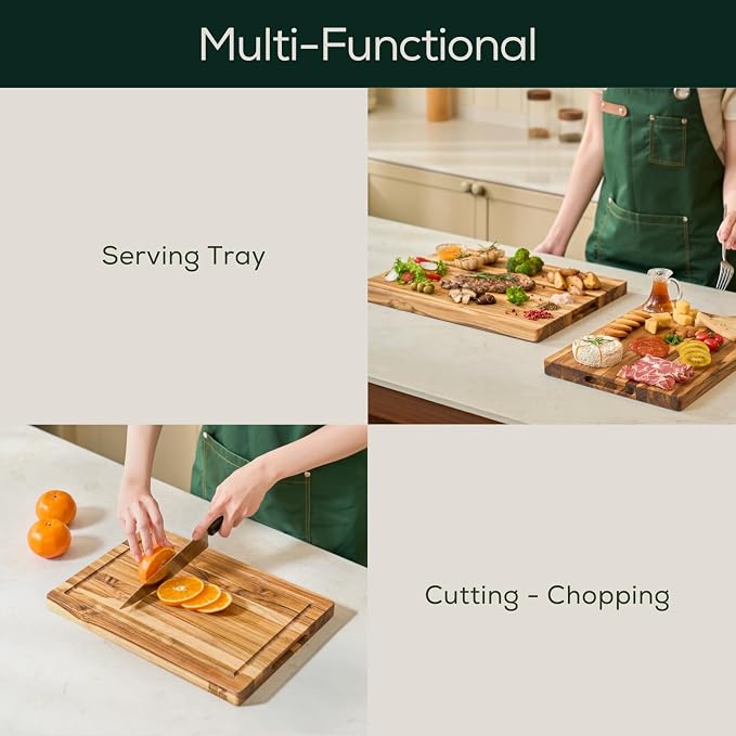 EZ FURNITURE Small (S) Teak Edge Grain Cutting Board, Reversible, Knife-Friendly Charcuterie Wood Cutting Board with Juice Groove & Handles, Non-Toxic, Gift Box Included (14" x 10" x 1")