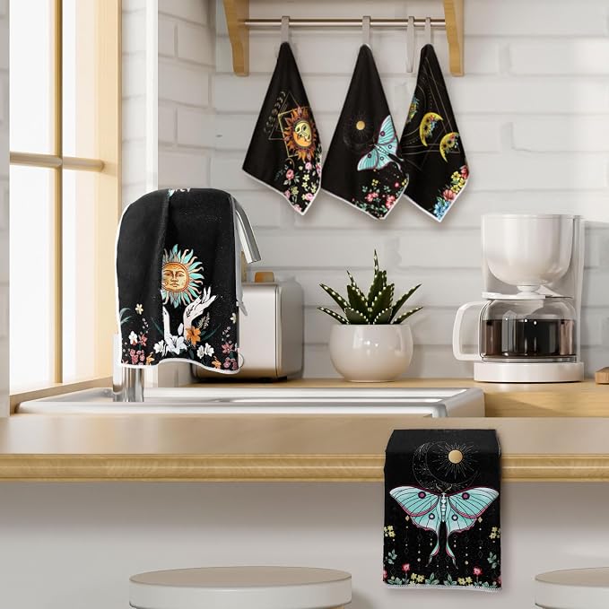 Boyiee Set of 6 Witchy Kitchen Towels Boho Tea Towels Absorbent Mushroom Floral Dish Towels 24 x 16'' Gothic Dish Towels Sun Moon Star Butterfly Hand Towels Gifts for Farmhouse Kitchen Bathroom