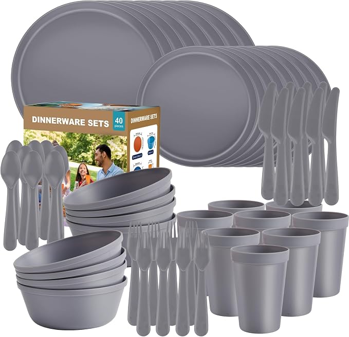 40 Piece Plastic Dinnerware Set for 8 with Cutlery, Unbreakable Plates and Bowls Set, Dishwasher & Microwave Safe Reusable Dish Set for Camping, RV, Outdoor Kitchen, Apartment Dining, Gray