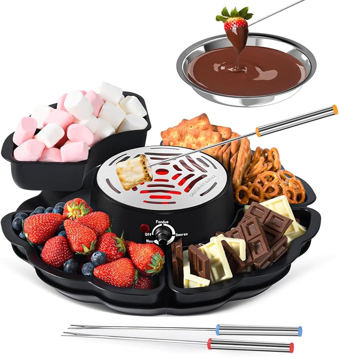 2-in-1 S’mores Maker & Fondue Set, Indoor Tabletop Marshmallow Roaster with Temperature Control, 4 Detachable Trays, 4 Forks and Heated Bowl, Movie Night Supplies & Housewarming Gifts