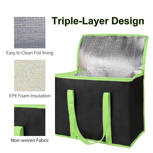 Bodaon 2-Pack Insulated Reusable Grocery Shopping Bags, X-Large Black-Green | Cooler Bag Top Cold/Warmer, Heavy Duty Insulated Pizza/Food Delivery Bag, For Commercial Catering Rideshare Driver, Picnic