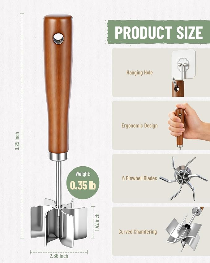 Stainless Steel Meat Masher: Ground Beef Chopper Hamburger Smasher Tool | Heat Resistant Up To 1500℉,6 Curve Blades,Hangable Wooden Handle,Efficient Chop and Stir Kitchen Gadgets
