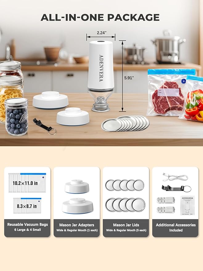 Handheld Vacuum Sealer for Food — Electric Vacuum Sealer Machine & Mason Jar Vacuum Sealer Kit with 10 Reusable Bags & 10 Mason Jar Lids, Portable & Rechargeable, Smart Auto-Stop, White