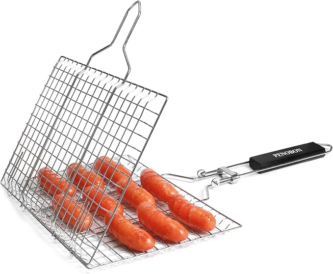 Fish Grilling Basket, Folding Portable Stainless Steel BBQ Grill Basket for Fish Vegetables Shrimp with Removable Handle, Come with Basting Brush and Storage Bag