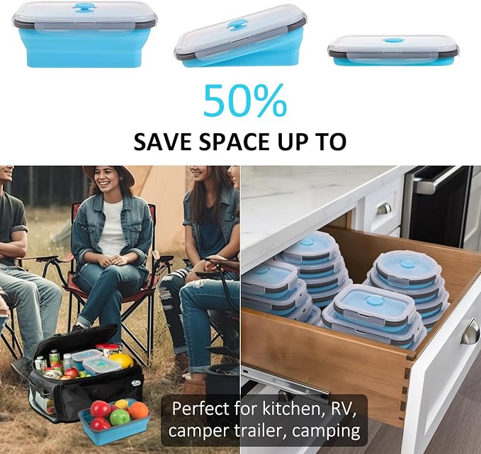Collapsible Food Storage Containers with Lid & Air Vent, 16 Pack, 8 Rectangular + 8 Round, Foldable Silicone Lunch Containers Collapsible Bowls Set, Microwave Freezer Dishwasher Safe, Blue