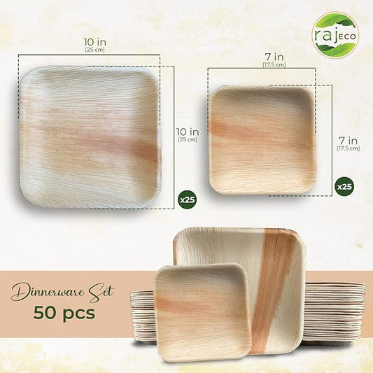 Raj Palm Leaf Plates [50-Pack] 10"x25 7"x25 Square Plates like Bamboo plates Disposable, Decorative Compostable Tableware for wedding, Lunch, Dinner, Birthday, Camping, Outdoor BBQ, Picnic