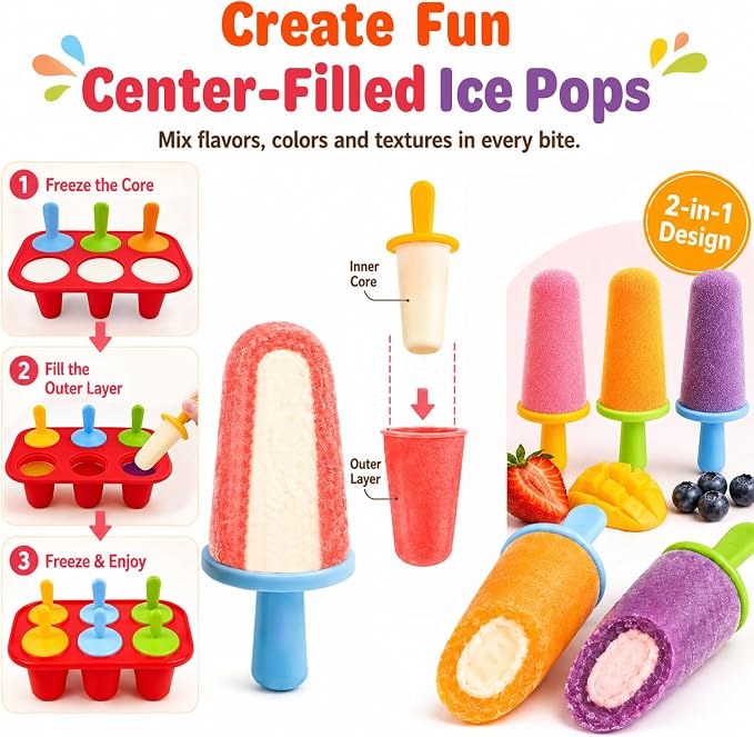 Stuffed Popsicle Mold for Toddler, 2-in-1 Double Layer Ice Pop Mold, Makes 12 Pops, DIY Center-Filled Frozen Healthy Treats, Non-BPA Silicone Popsicle Molds for Kids & Adults