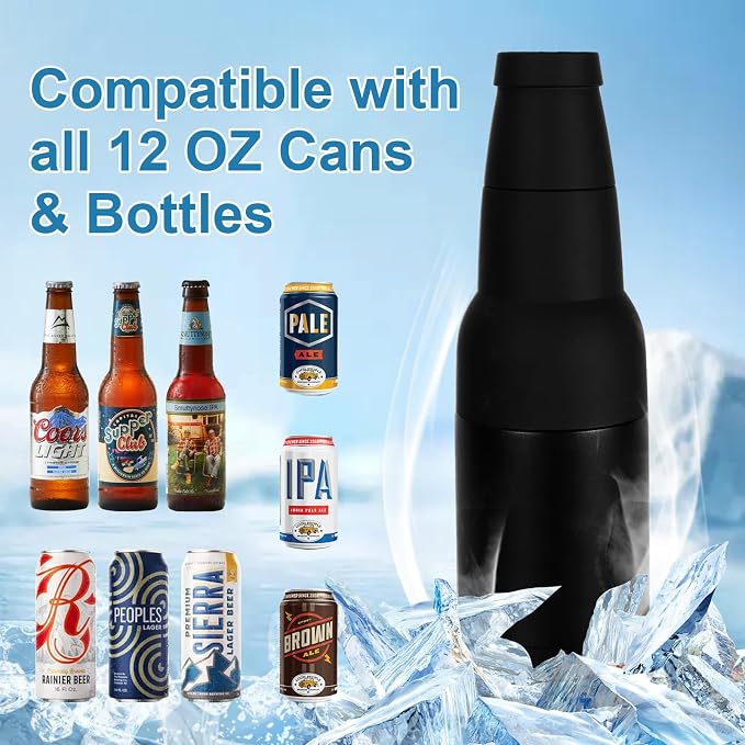 12oz Universal Beer Bottle Cooler Double Walled SS Beer Can Holder | 3 in 1 Can Koozie with Beer Opener Vacuum Insulated - fit Fishing, Camping Outdoor Activities and Nice Gift for Men (Black)